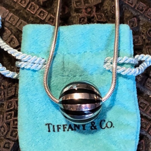 Tiffany & Co. Rare Vintage Silver & Black Enamel Ball Pendant Necklace